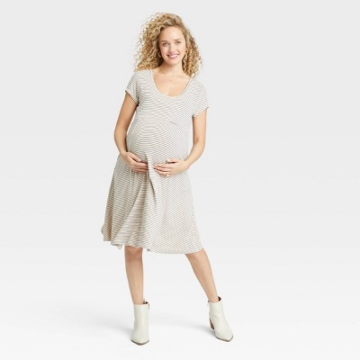 The Nines by HATCH™ Short Sleeve Jersey Maternity Dress Ivory Striped