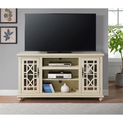 Parisian Antique White 63" Pine & Glass Elegant TV Stand with Cabinet