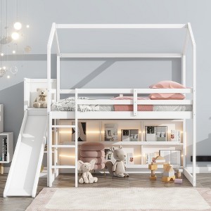 YOOCOZZ Kids’ House Loft Bed with Storage Shelves and Rack, Ladder and Slide and Light - 1 of 4