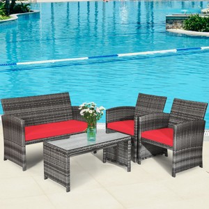 Tangkula 4-Piece Outdoor Patio Furniture Set Rattan Wicker Conversation Sofa Set - 1 of 4