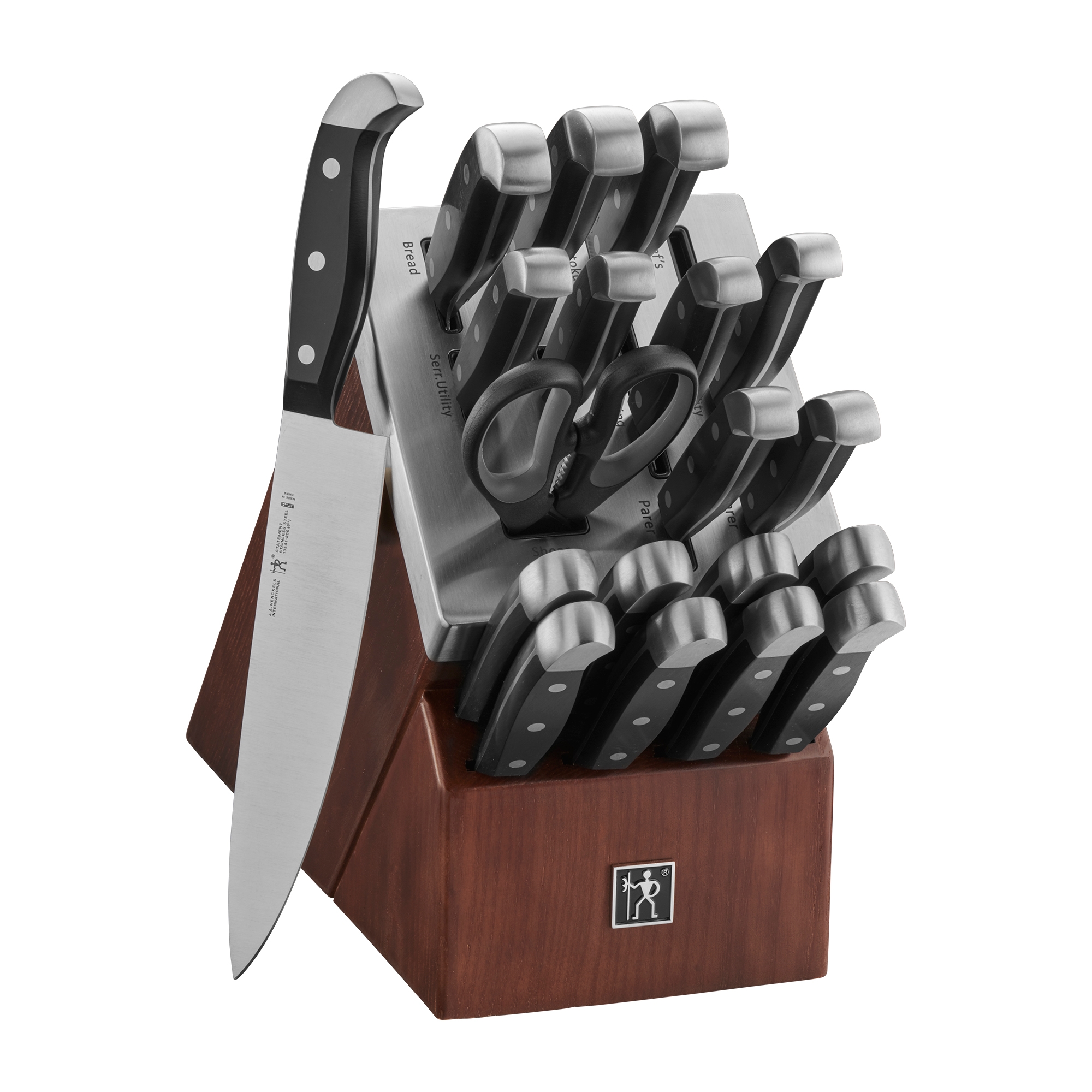 Henckels Statement 20-pc Self-Sharpening Knife Set with Block, Chef Knife, Paring Knife, Utility Knife, Bread Knife, Steak Knife, Dark Brown,