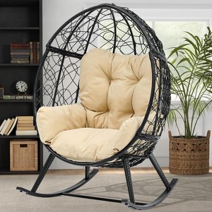 Outdoor Rocking Egg Chair Wicker Patio Rocker 250lb Capacity with Cushioned Comfort - 1 of 4