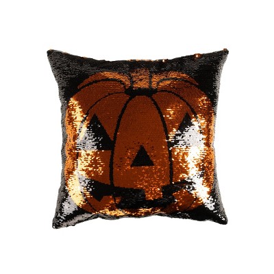 18"x18" Sparkle Pumpkin Halloween Square Throw Pillow Black/Orange - Lush Décor: Sequined, Festive Design
