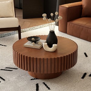 Vynxaria Round Coffee Table Handcrafted Relief Sturdy Pedestal Wooden Olive-Shaped Tea Table for Living Room - 1 of 4