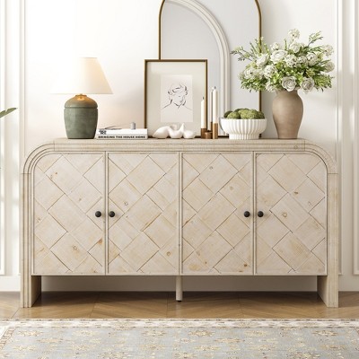 Multi-Functional MDF Sideboard-Handwoven Wood Slat Doors, Tiered Stepped Design & Premium Solid Wood Veneer for Hallways, Living Rooms, Studies