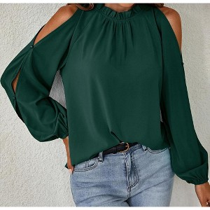 Women's Cold Shoulder Blouse Ruffle Neckline Long Sleeve Top Elegant Casual Shirt - 1 of 4