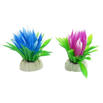 Unique Bargains Plastic Lotus Flower Plant Decor for Aquarium Tank Green Blue 2 Pieces