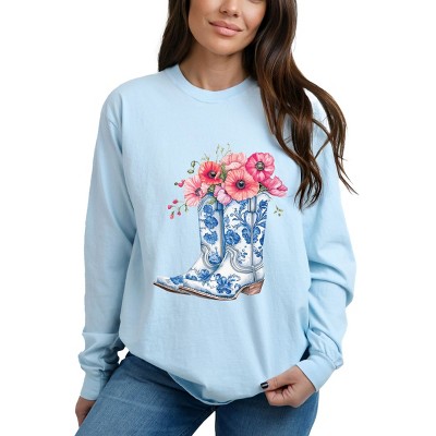 Simply Sage Market Cowboy Boots Floral Garment Dyed Long Sleeve