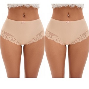 INSPIRE CHIC 2 Pcs Women's Lace Trim High Waist Briefs Seamless Lace Back Underwear Panties - 1 of 4
