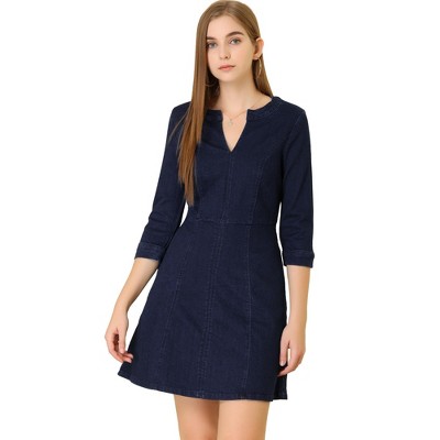 Allegra K Women's Casual A-Line Jeans Split Neck 3/4 Sleeve Short Stretchy Denim Dresses Dark Blue X-Large