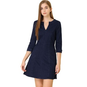 Allegra K Women's Casual A-Line Jeans Split Neck 3/4 Sleeve Short Stretchy Denim Dresses - 1 of 4