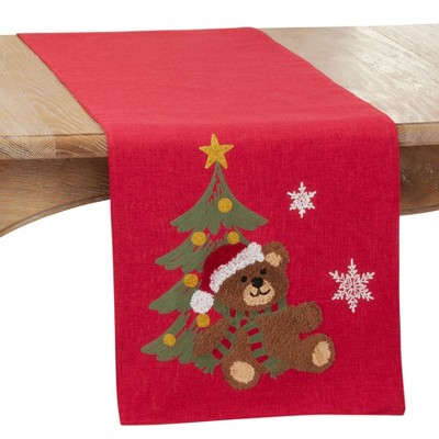 Saro Lifestyle Table Runner With Embroidered Christmas Bear Design, 16"x70", Red
