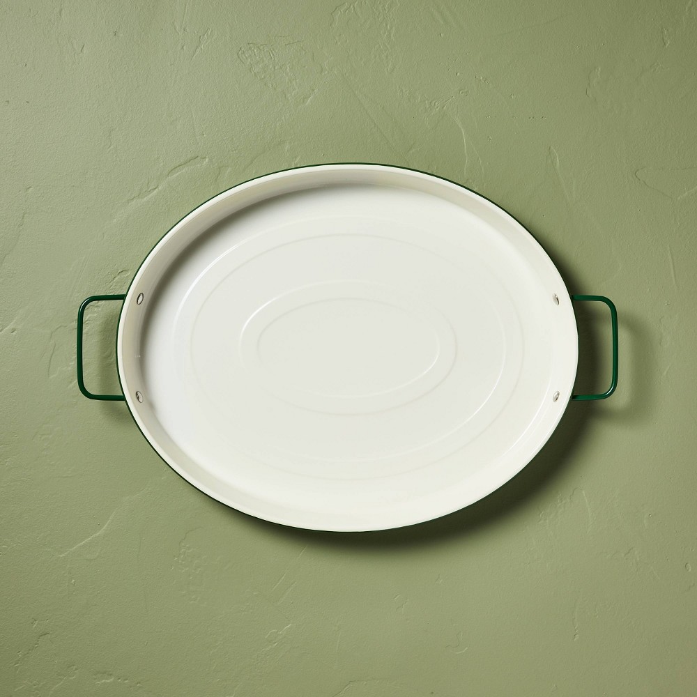 Photos - Serving Pieces Enamel-Coated Metal Oval Serving Tray Cream/Green - Hearth & Hand™ with Ma