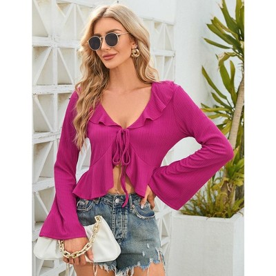 Women's Bell Sleeve Tops Tie Front Deep V Neck Knit Y2K Crop Top