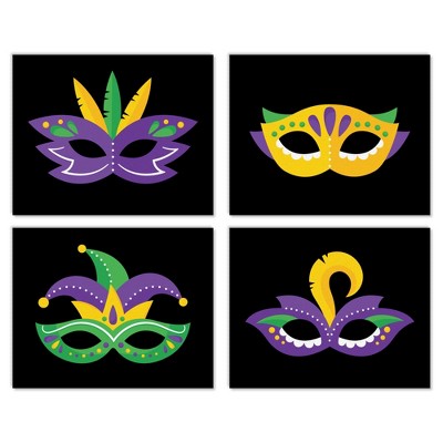 Big Dot of Happiness Colorful Mardi Gras Mask - Unframed Masquerade Linen Paper Wall Art - Set of 4 - Artisms - 8 x 10 inches