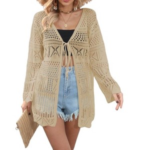 Women Crochet Cardigan Tie Front Long Sleeve Lightweight Cover Up Oversized Hollow Out Summer Cardigans - 1 of 4