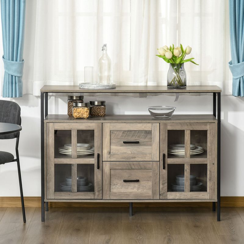 HOMCOM Rustic Kitchen Sideboard, Serving Buffet Storage Cabinet with Adjustable Shelves, Glass Doors, and 2 Drawers for Living Room, 3 of 7