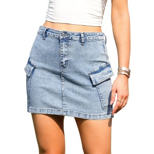 INSPIRE CHIC Women's Stretchy Flap Pockets Cargo Summer Causal Denim Bodycon Mini Jean Skirts - 1 of 4