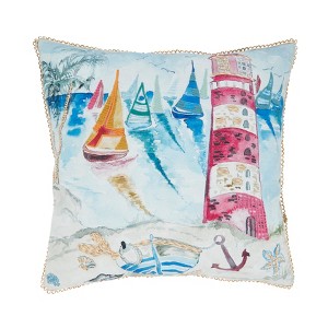 Saro Lifestyle Coastal Outdoor Lighthouse Poly Filled Pillow, 20"x20", Multicolored - 1 of 4
