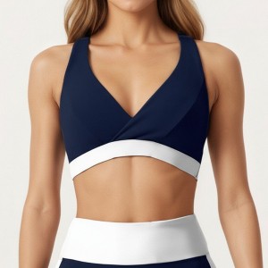 Anna-Kaci Active Women's V-Neck Cross Front Colorblock Sports Bra with Wide Straps and Supportive Elastic Band - 1 of 4