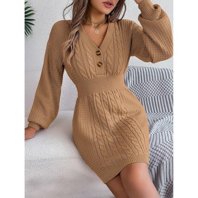 Women's Knit Sweater Dress Fake Button V Neck Bell Long Sleeves Halter Casual Wrap Midi Pullover Dress