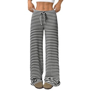Womens Ribbed Knit Sweatpants Wide Leg Striped Pants with Drastring Detail Comfy Cotton Blend Lounge Pants Knit Pants - 1 of 4