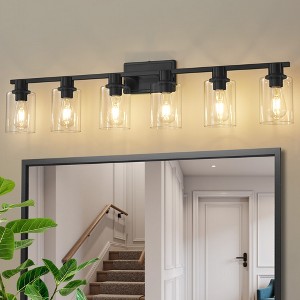 POWLIG 42.7-in 6-Light Black and Gold Modern Dimmable Bathroom Vanity Light with Cylindrical Glass Shade - 1 of 4