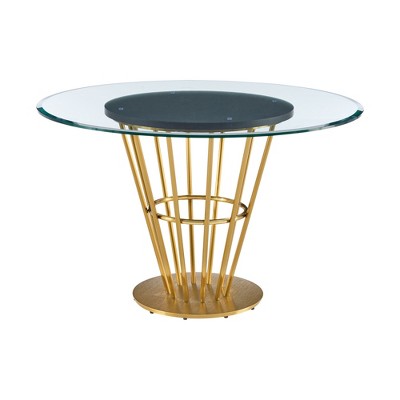 HomeRoots 48" Clear And Gold Glass And Stainless Steel Pedestal Base Round Top Dining Table