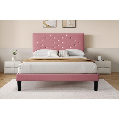Bed Frames, Velvet Upholstered Bed Frame with Vertical Channel Tufted & Sturdy Wood Slats, Strong Wooden Slats/Platform Bed Frame Easy Assembly