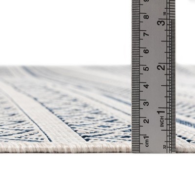 Light Blue Oval Striped Synthetic Outdoor Rug