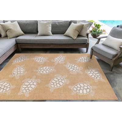 Sand Beige Synthetic Flat Woven Rectangular Rug with Sea Turtle Design