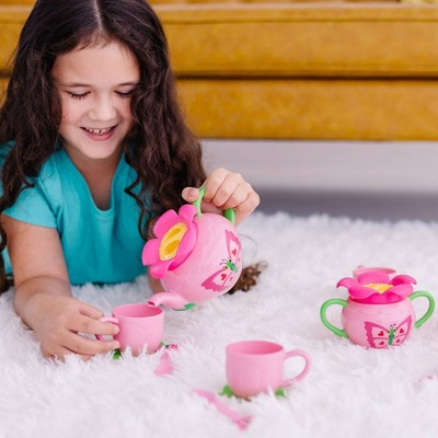 Rosy Pink Butterfly-Themed 17-Piece Plastic Tea Set