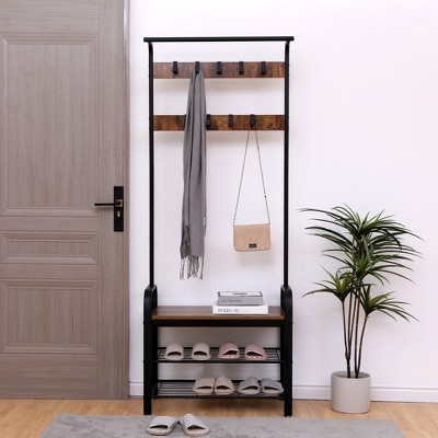 Vynxaria Entrance Porch Ready: Brown Independent Coat Rack with 9 Detachable Hooks, Shoe Stool, Hanging Rod, Shoe Rack