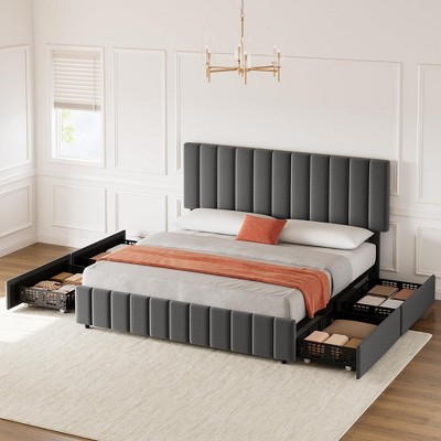 Bed Frame with 4 Storage Drawers and Adjustable Headboard