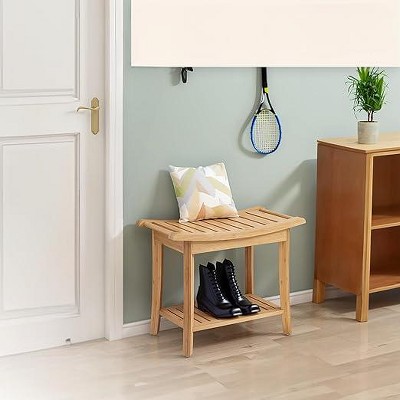 Tranquil Bamboo Shower Bench with Storage Shelf, Natural Finish