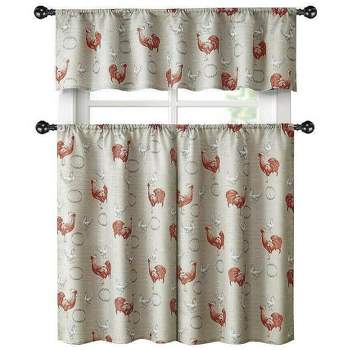 Kate Aurora Country Farmhouse Red Rooster Barn 3 Piece Kitchen Curtain Tier & Valance Set - 56 in. W x 15 in. L, Red