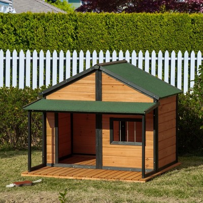 Large Wooden Raised Dog House with Porch and Asphalt Roof
