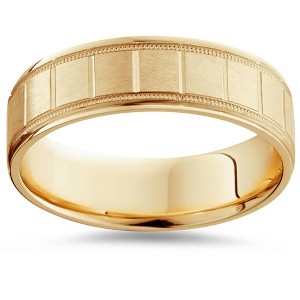 Pompeii3 6mm Flat Brushed Hand Carved Mens 14K Yellow Gold Flat Wedding Band - 1 of 3