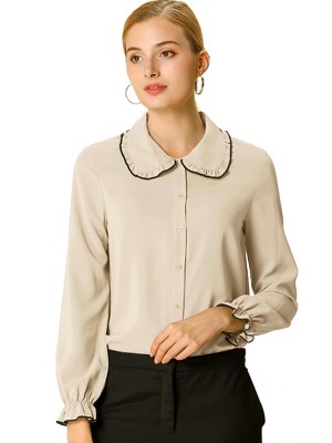 Allegra K Women's Sweet Ruffle Peter Pan Collar Long Sleeves Button Down Shirt