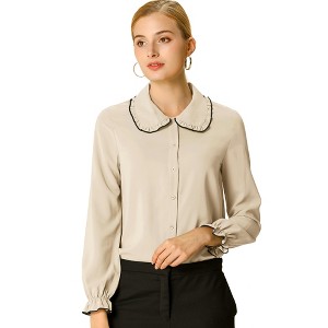 Allegra K Women's Sweet Ruffle Peter Pan Collar Long Sleeves Button Down Shirt - 1 of 4