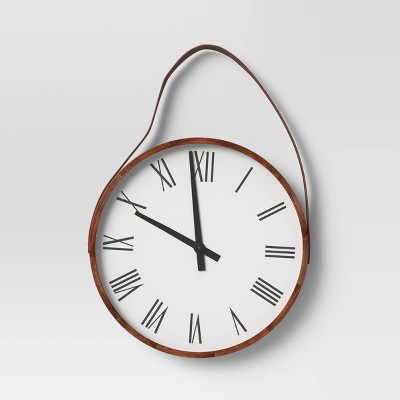 16" Wall Clock with Leather Strap Brown - Threshold™