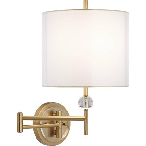 Possini Euro Design Kohle Modern Swing Arm Wall Lamp Polished Brass Plug-in Light Fixture White Inner Sheer Outer Drum Shade for Bedroom Bedside House - 1 of 4