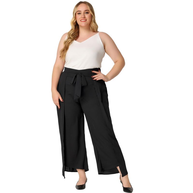 Agnes Orinda Women's Plus Size Split Wide Leg Tie Knot High Rise Palazzo Formal Outfits  Pants, 3 of 6
