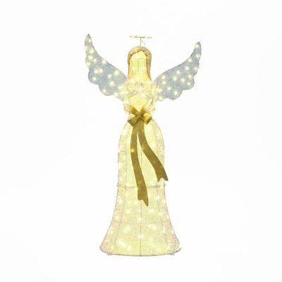 LuxenHome 4.1Ft Angel with Gold Bow Outdoor Holiday Decoration with Lights White, Gold, Brown