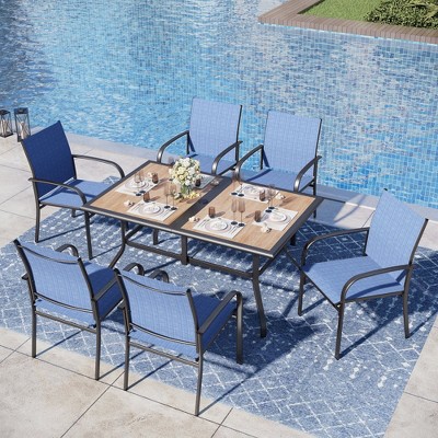 Captiva Designs 7pc Patio Dining Set with Wood-look Rectangle Steel Table & Sling Fixed Chairs