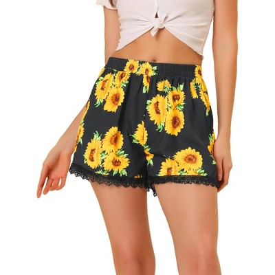 Allegra K Women's Summer Floral Printed Lace Trim Elastic Waist Beach Shorts