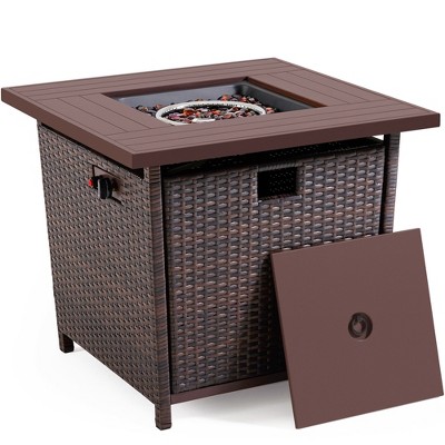 Yaheetech 28in Wicker Fire Pit Table with Glass Fire Stones & Water-Resistant Cover for Outdoor Patio Party