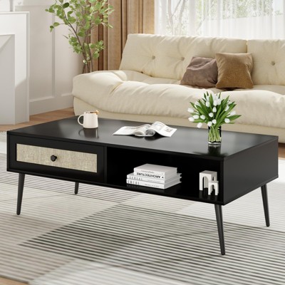 FURNIinspire Coffee Tables Modern Wooden Rectangular Coffee Table, Center Table With Rattan Door Drawer For Living Room, Black, 23.2"*47.2"*17.7"