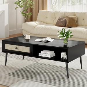 FURNIinspire Coffee Tables Modern Wooden Rectangular Coffee Table, Center Table With Rattan Door Drawer For Living Room, Black, 23.2"*47.2"*17.7" - 1 of 4