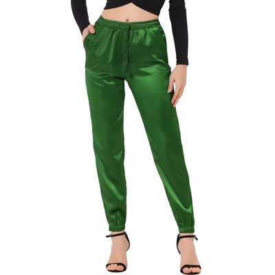 INSPIRE CHIC Women's Drawstring Elastic Waist Ankle Length Satin Joggers Pants with Pocket